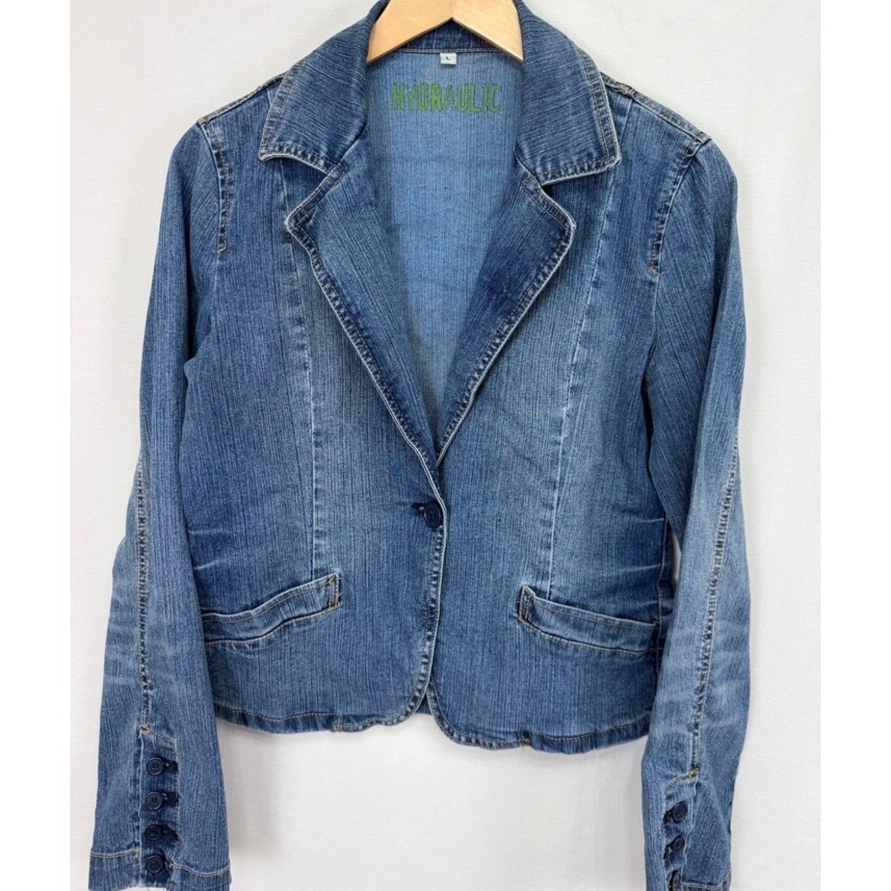 Hydraulic Vintage Denim Blazer Jacket Medium Wash Single Button Stretch Large